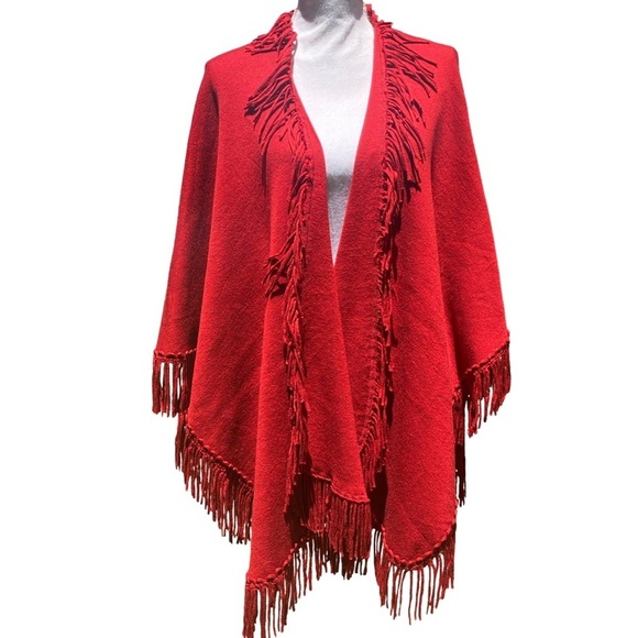 Coldwater Creek Sweaters - COLDWATER CREEK Sweater Cape Shawl Poncho with Fringe One Size Fits Most Red